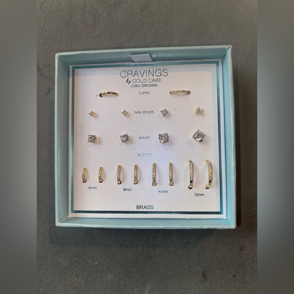 Bnib Cravings By Gold Cake. Brass W/Gold Plated Studs& Huggies Set Of10 Earrings